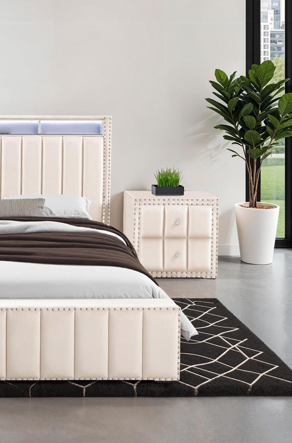 Beige Full Size Bed Set with Nightstands for Bedroom.