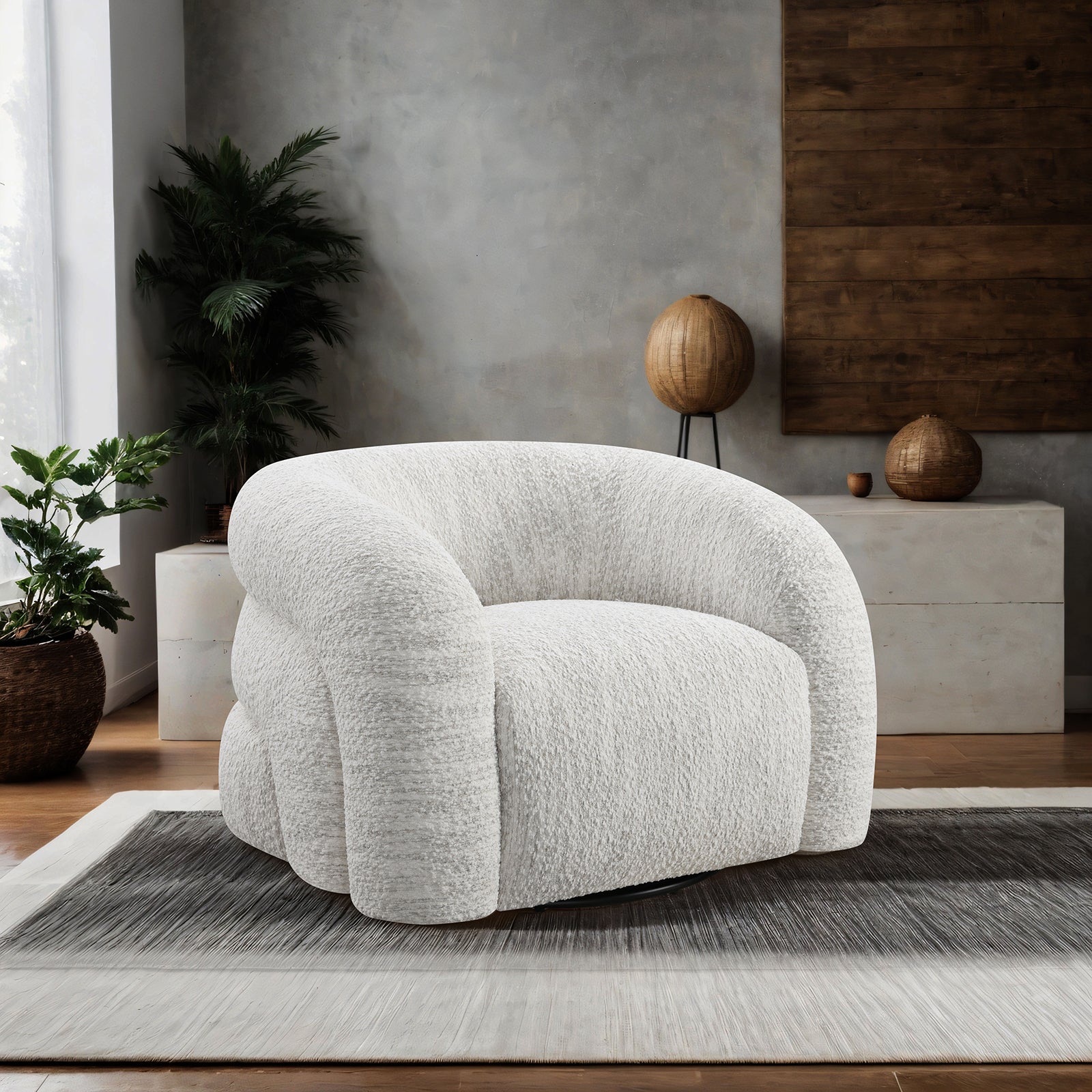 White Swivel Chair Contemporary in a modern living room with sculptural form and plush texture, offering 360-degree rotation and cozy comfort.