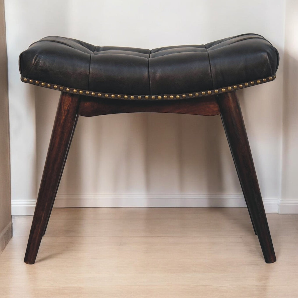 Solid Wood California Walnut Bench, Upholstered, Black and Dark Brown, Nordic Legs