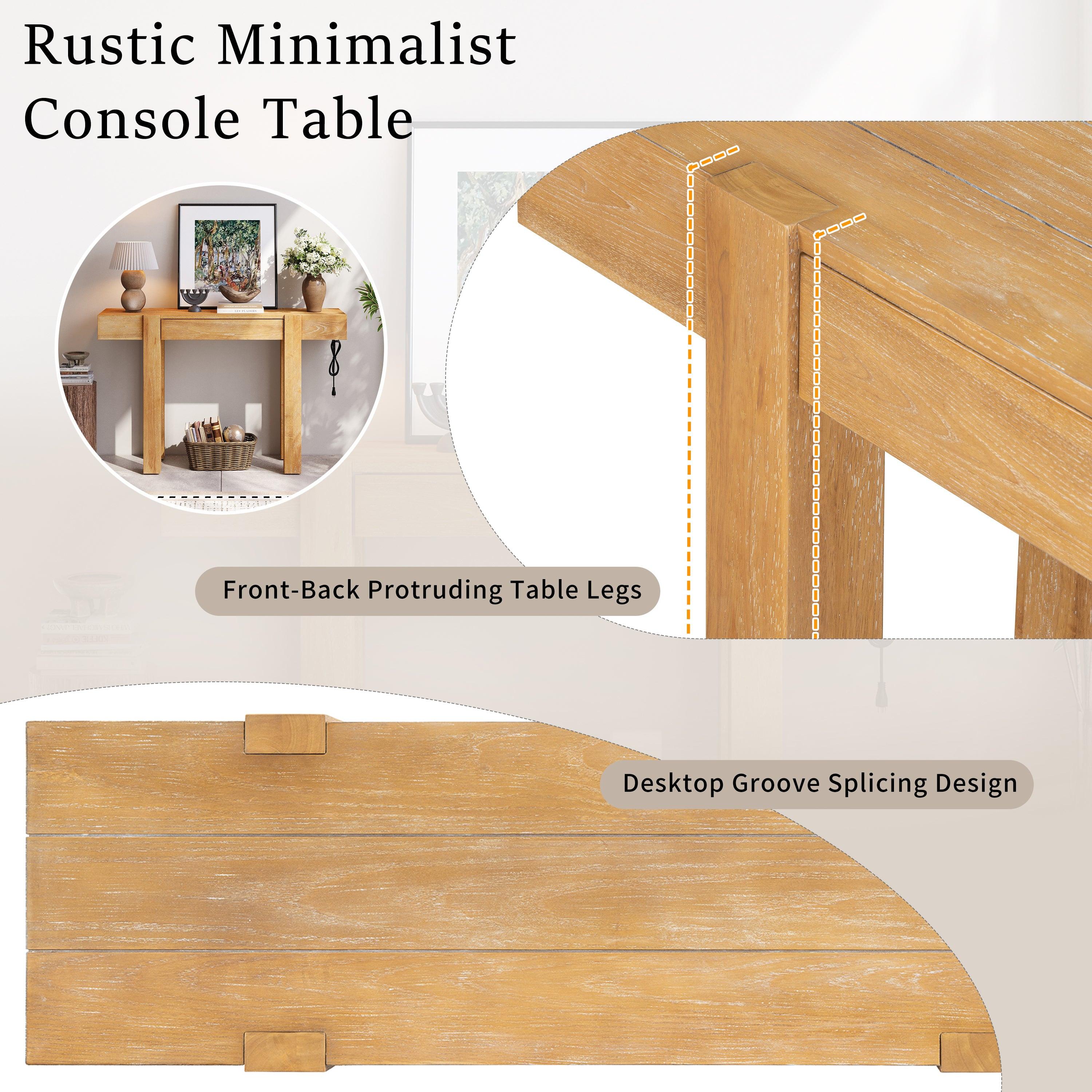 Rustic Wood Console Table with Outlet & Hidden Drawer.