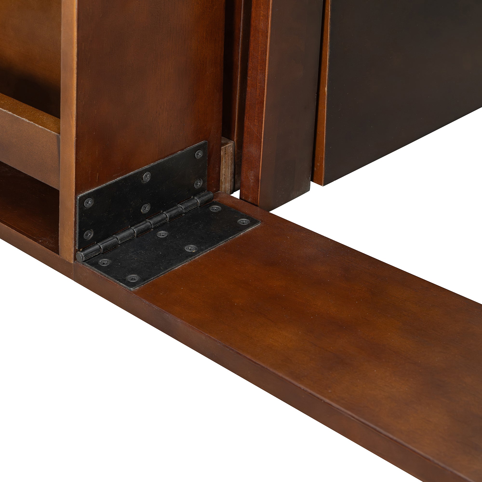 Close-up of hinge mechanism on Queen Multifunctional Daybed's removable desk, emphasizing durable construction and mobility.