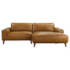 Mid-century modern tan top-grain leather right-facing sectional sofa with tapered walnut-finished wood legs.