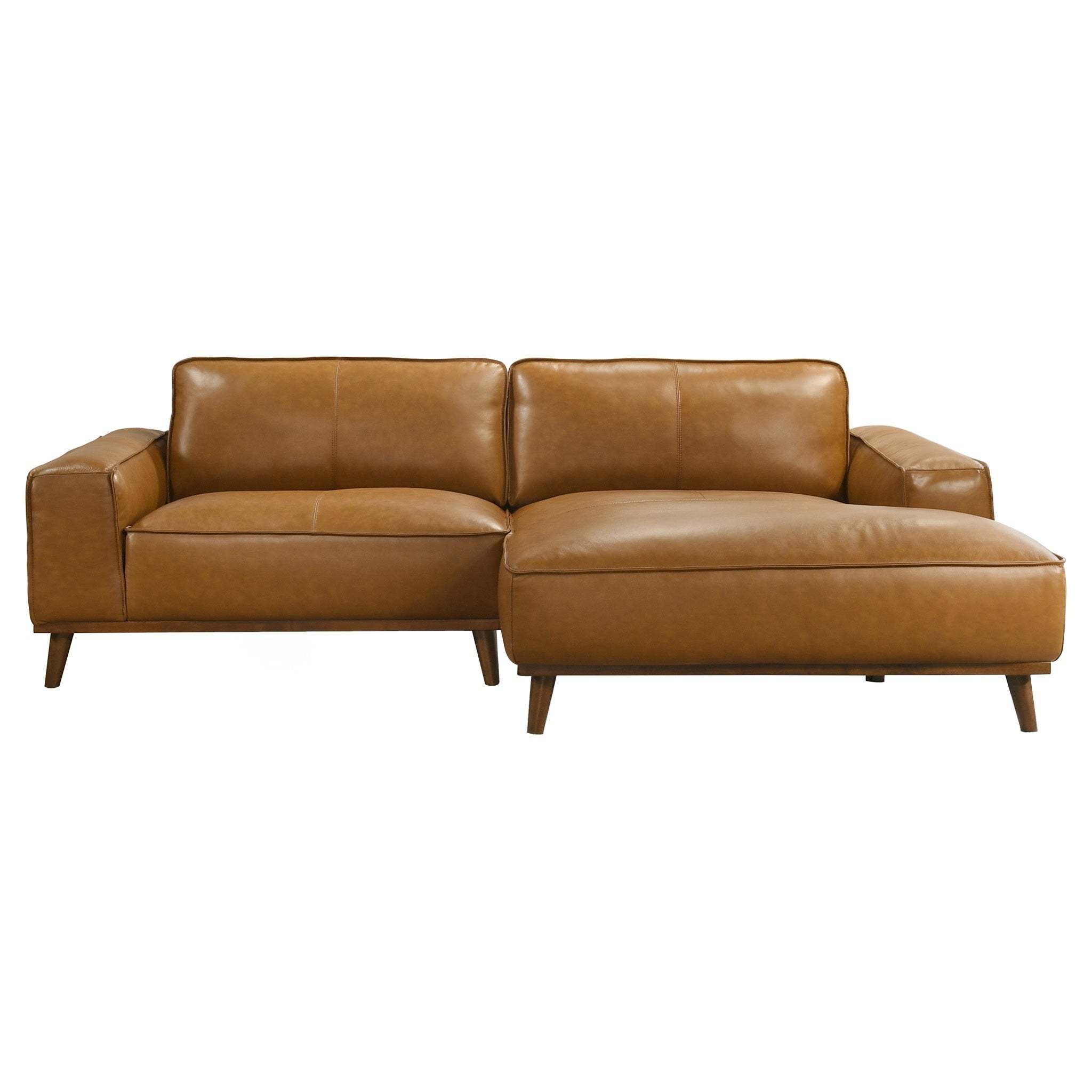 Mid-century modern tan top-grain leather right-facing sectional sofa with tapered walnut-finished wood legs.