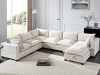 117.5'' modular sectional sofa with ottoman in a modern living room, featuring chenille fabric, 7-seater layout, and movable storage ottoman.