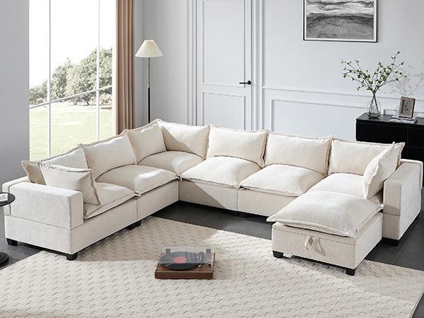 117.5'' modular sectional sofa with ottoman in a modern living room, featuring chenille fabric, 7-seater layout, and movable storage ottoman.
