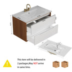 Dimensions and packaging details of 32-inch bathroom vanity with ceramic sink and soft-close drawers, shipped in two separate boxes.