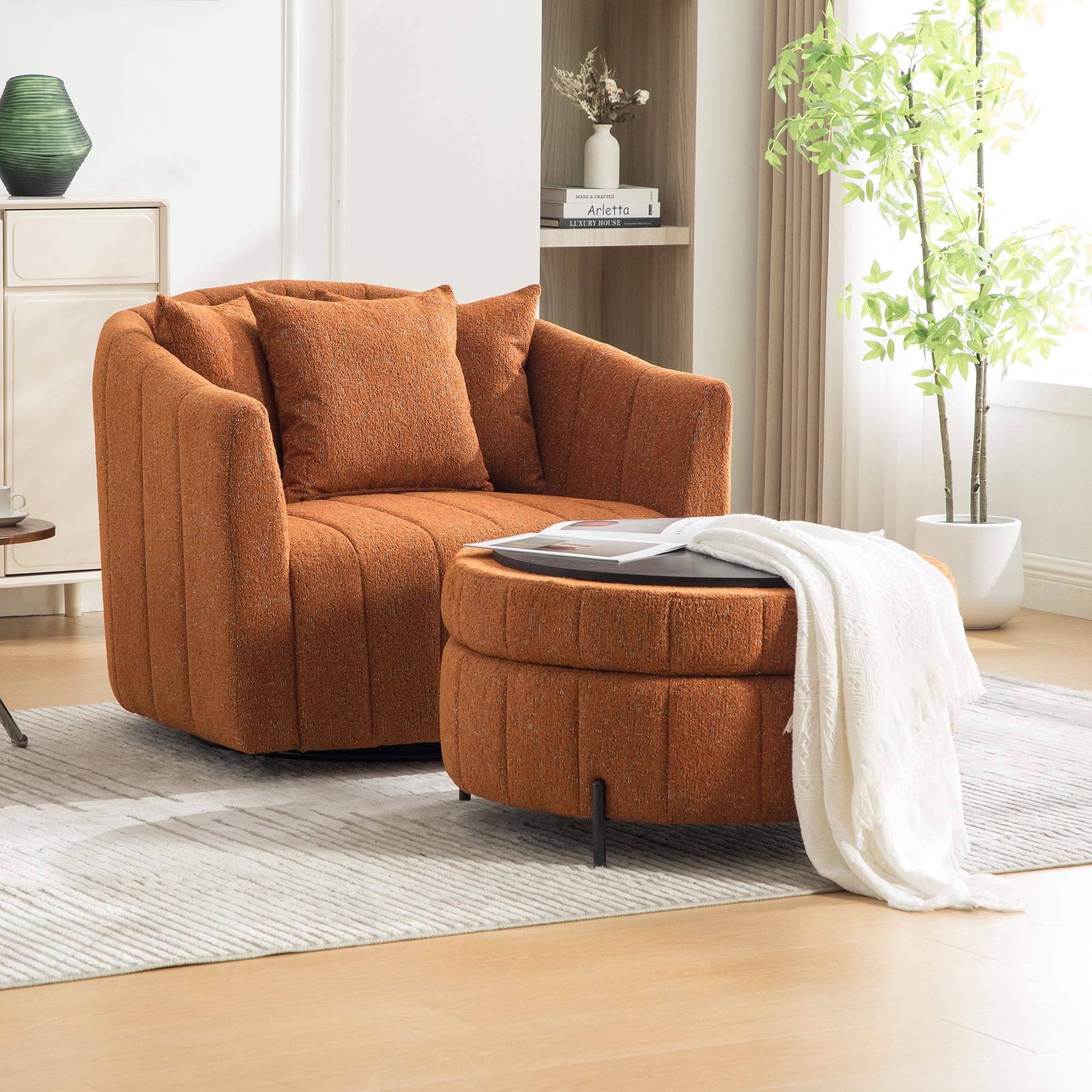 Orange Chenille 360 Swivel Accent Chair and Half with Storage Ottoman