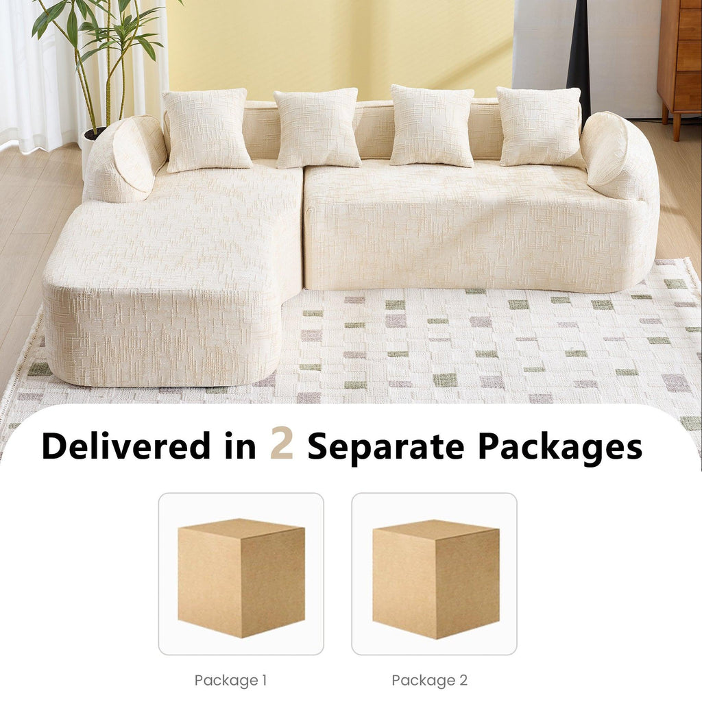 Comfortable Beige Chenille L-Shaped Sofa with Pillows.