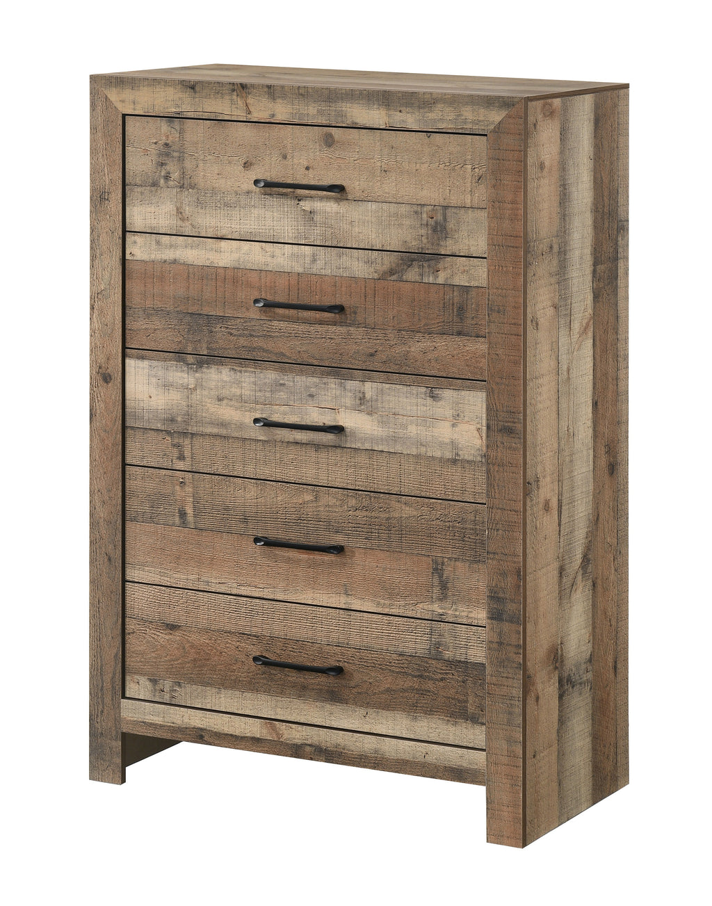 Rustic wooden five-drawer chest with a natural plank-style finish and matte black bar handles.
