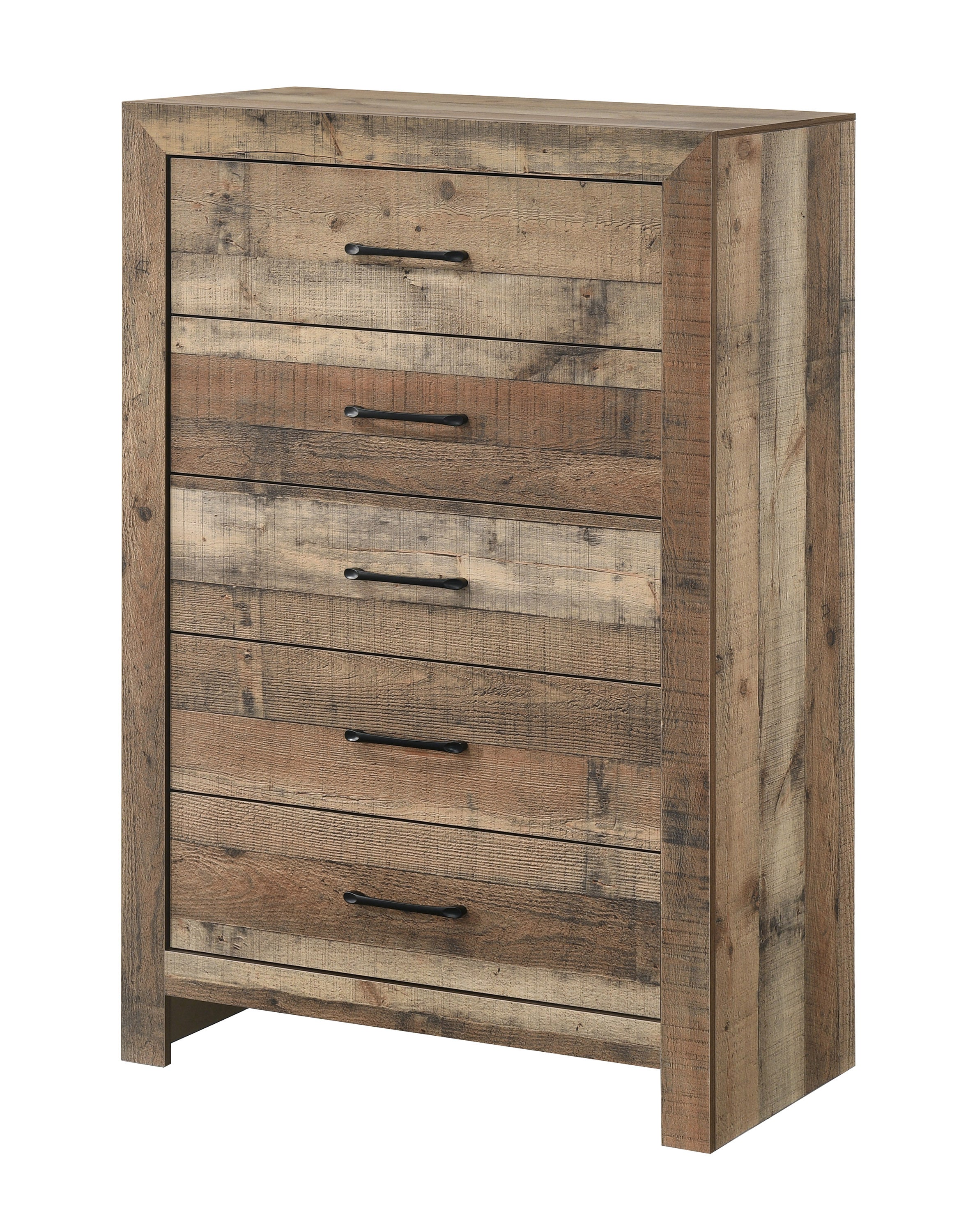 Rustic wooden five-drawer chest with a natural plank-style finish and matte black bar handles.