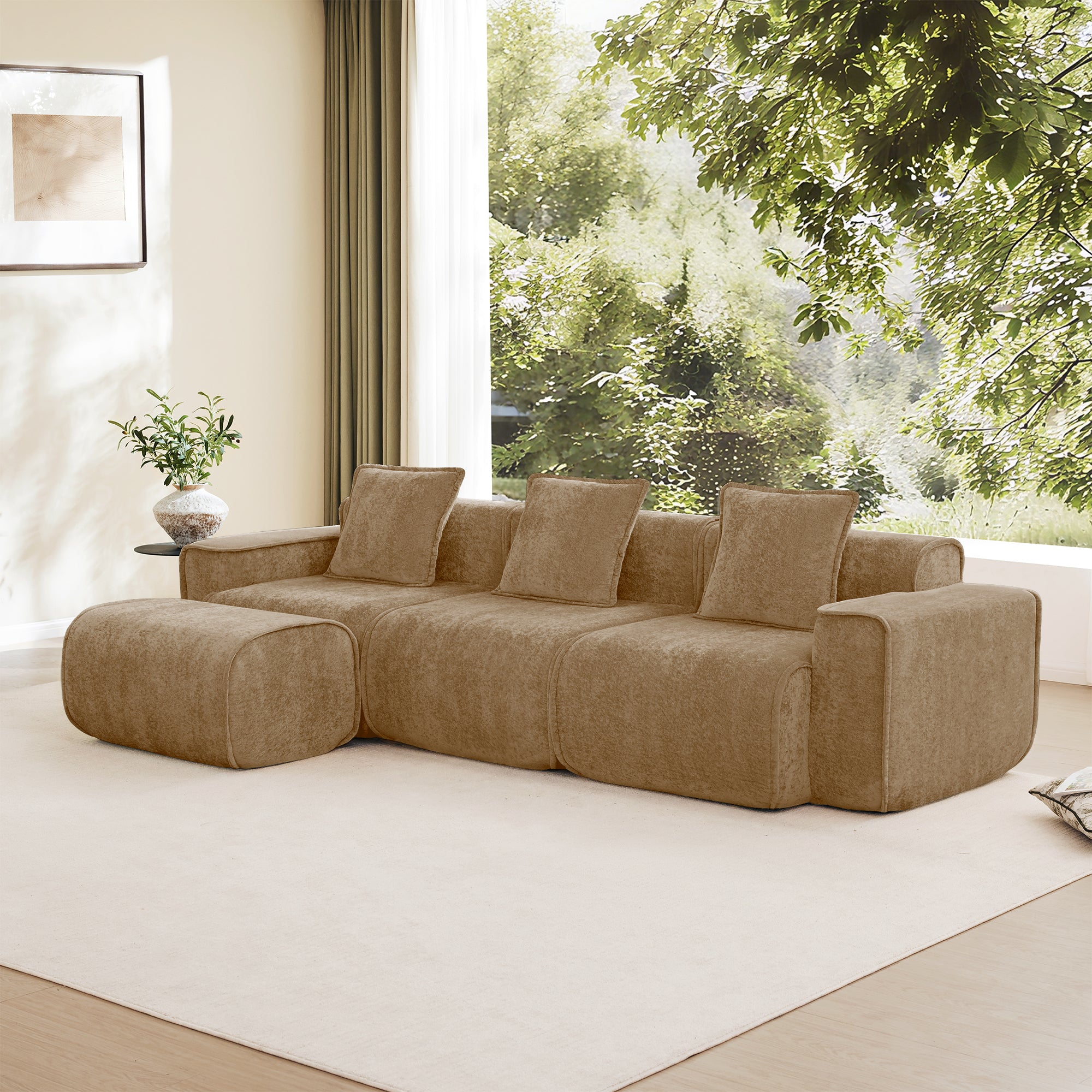 Velvet L Shape Modular Sectional Sofa with ottoman arranged in a left-facing layout. Plush and adaptable for any living room setup.