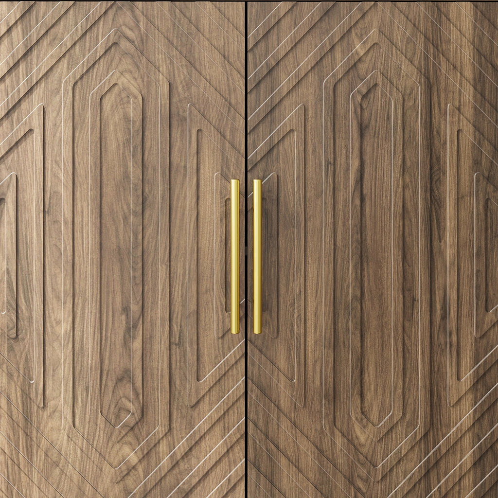 Detailed view of walnut sideboard doors with geometric wood grain and gold metal handles. Elegant design for modern dining storage.