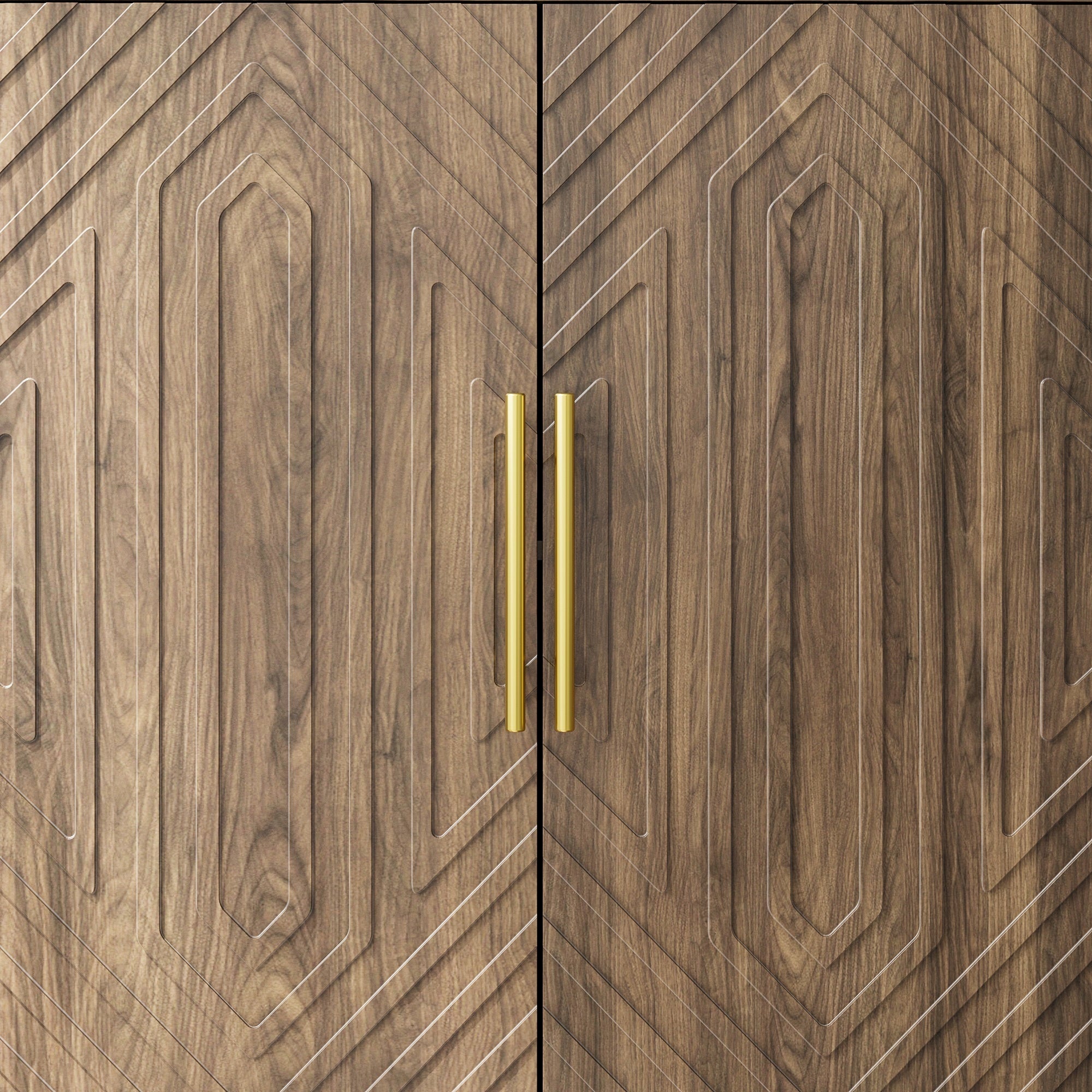Detailed view of walnut sideboard doors with geometric wood grain and gold metal handles. Elegant design for modern dining storage.