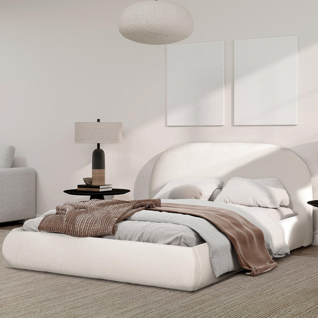 Archie Puffy Upholstered Platform Bed, Queen, Almond White.