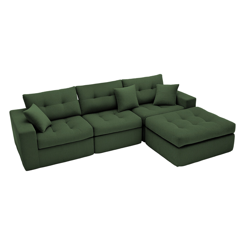 Army Green Corduroy L-Shaped Sectional Sofa with Corner Chaise