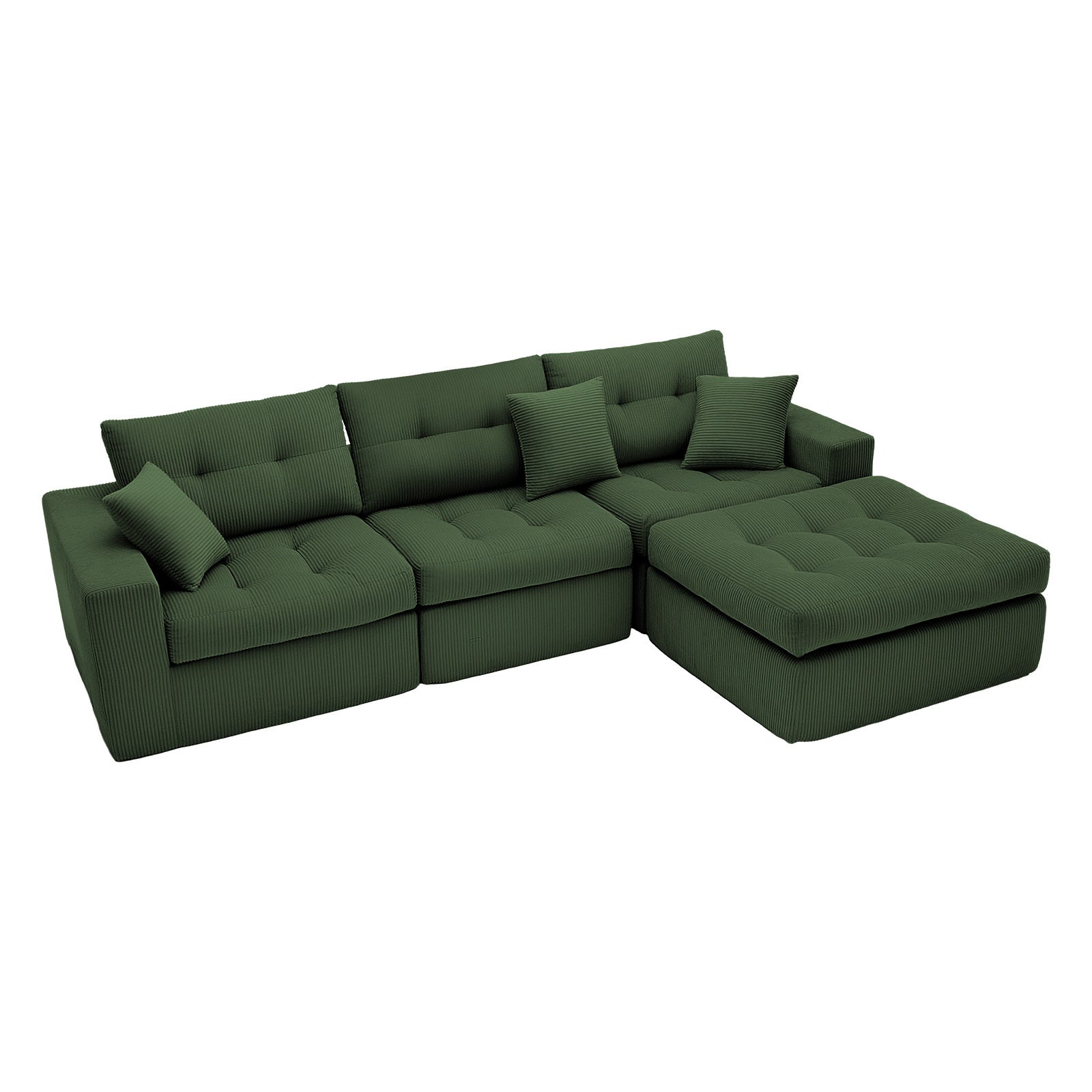 Army Green Corduroy L-Shaped Sectional Sofa with Corner Chaise