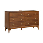Walnut 6-Drawers Dresser with Gold-Capped Legs.