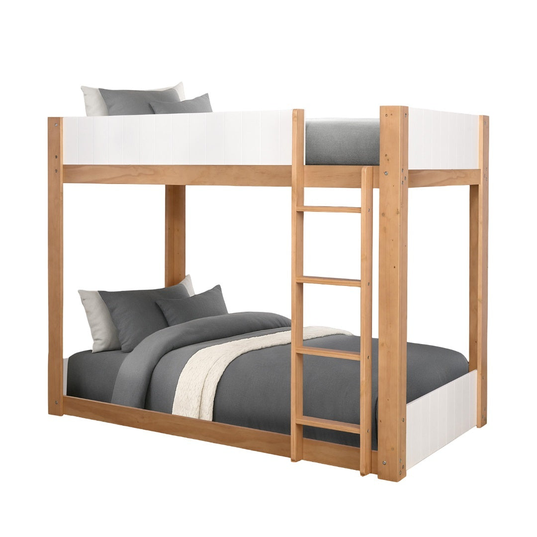Twin over twin bunk bed in white and natural wood with built-in ladder, showcasing a sleek, modern design ideal for children's bedrooms.