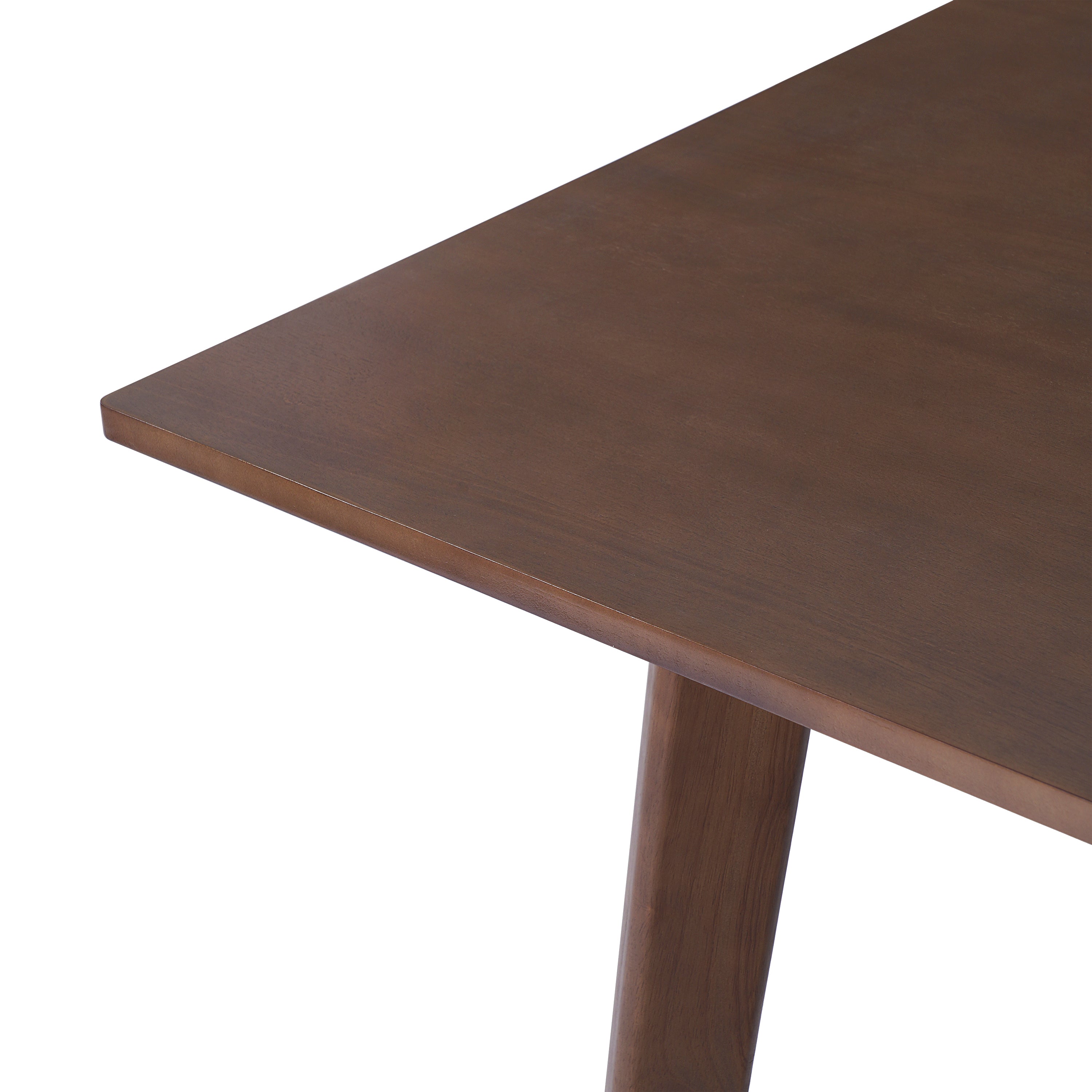 Close-up of MDF tabletop corner on modern wood dining table. Smooth finish and durable construction.