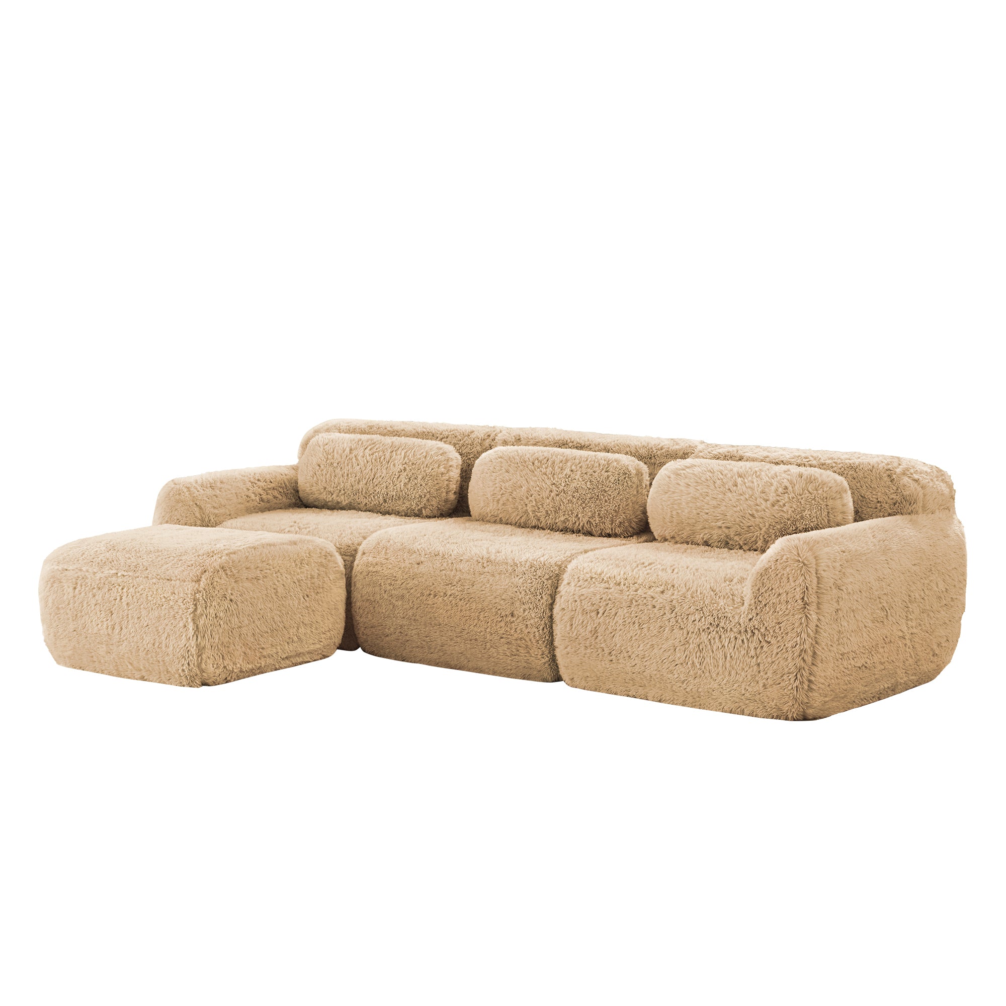 Side angle of plush fabric modular sectional sofa with ergonomic cushions. Stylish and comfortable for any space.