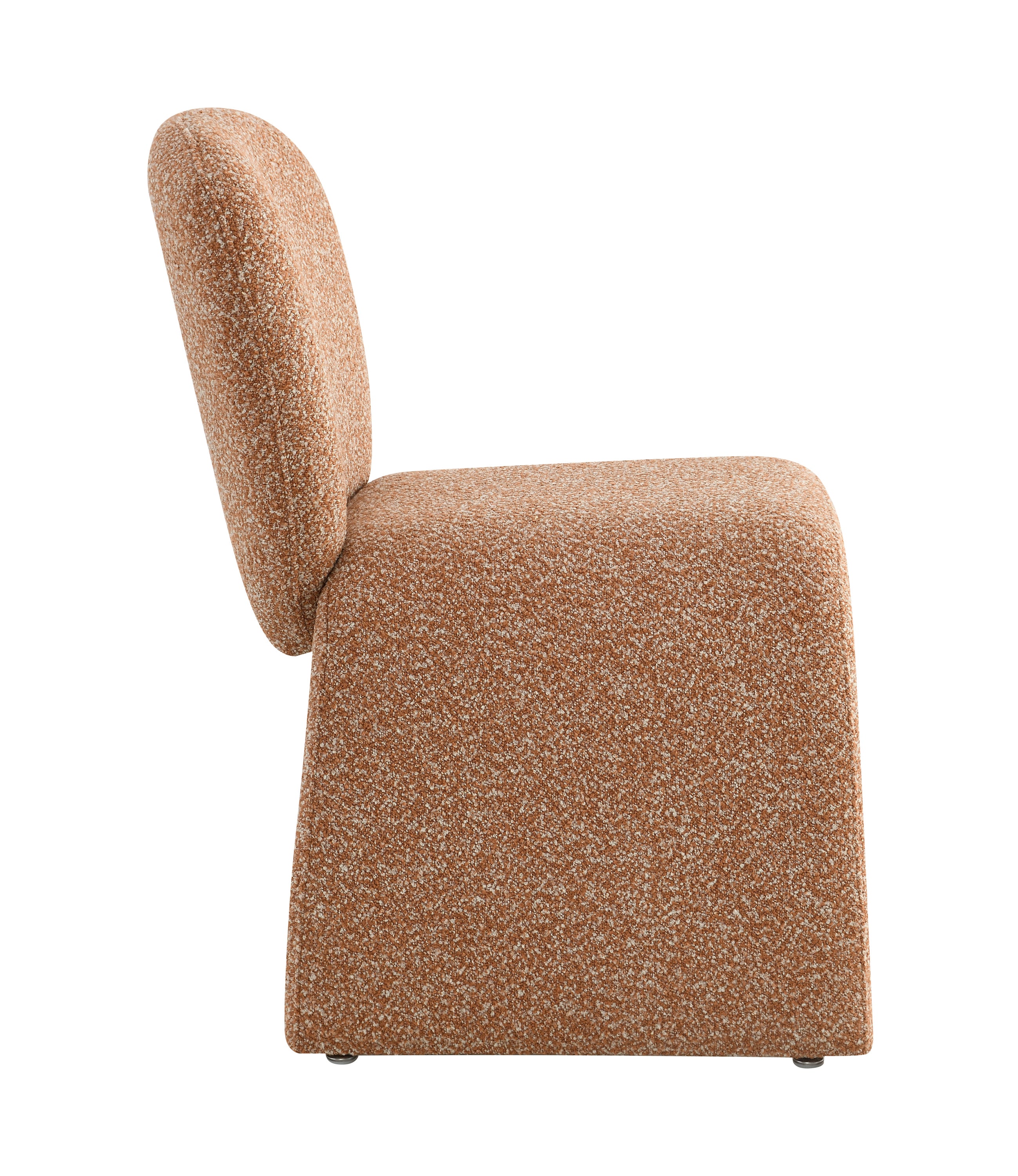 Side profile of modern fabric chair with ergonomic backrest and seamless arch leg design. Upholstered in brown boucle fabric.