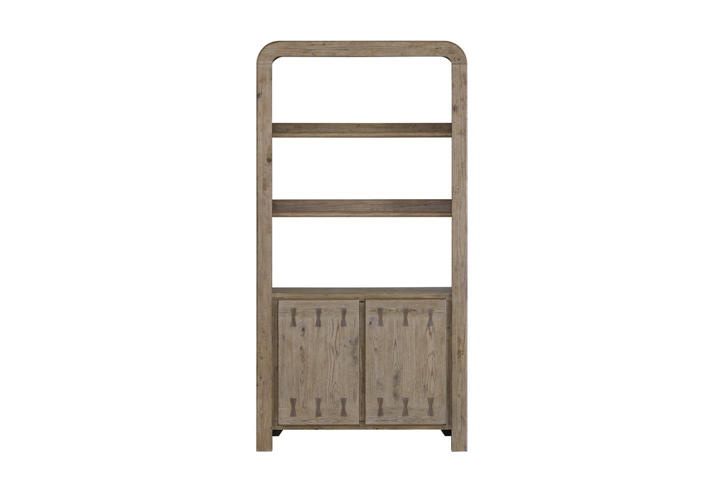 Tall, rustic knotty oak bookshelf with a rounded top, three open shelves, and two lower cabinet doors with bowtie inlays.