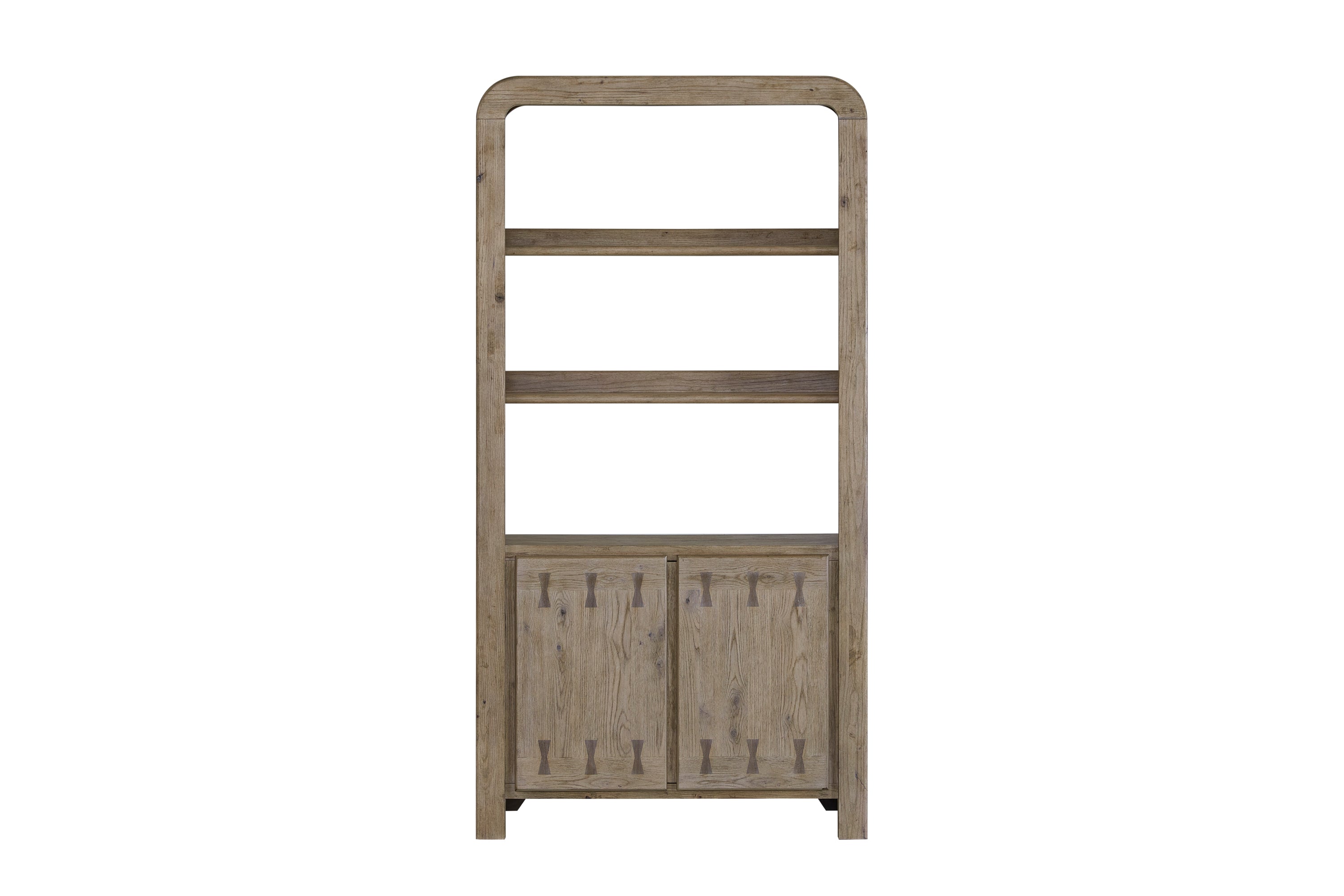 Tall, rustic knotty oak bookshelf with a rounded top, three open shelves, and two lower cabinet doors with bowtie inlays.