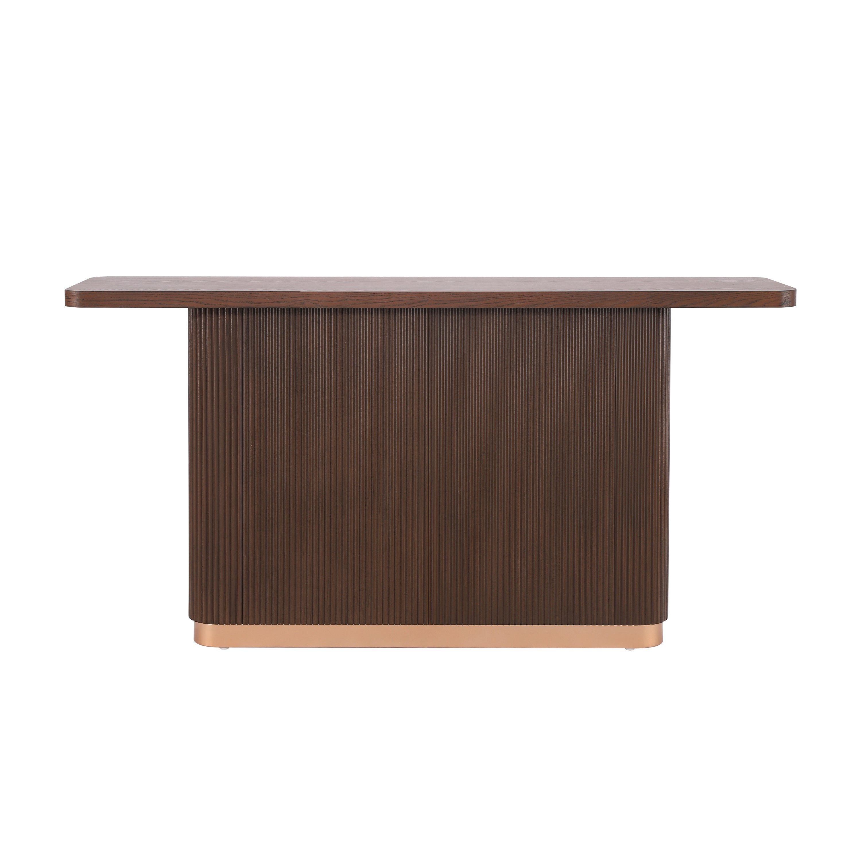 Front view of modern console table with ash veneer top and ribbed wood base. Copper-finished bottom adds a modern metallic accent.