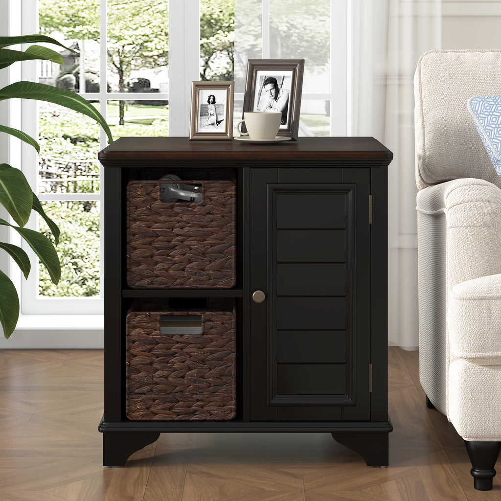 Black MDF End Table with Woven Grass Baskets and Shutter Design