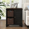 Black MDF End Table with Woven Grass Baskets and Shutter Design