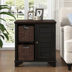 Black MDF End Table with Woven Grass Baskets and Shutter Design