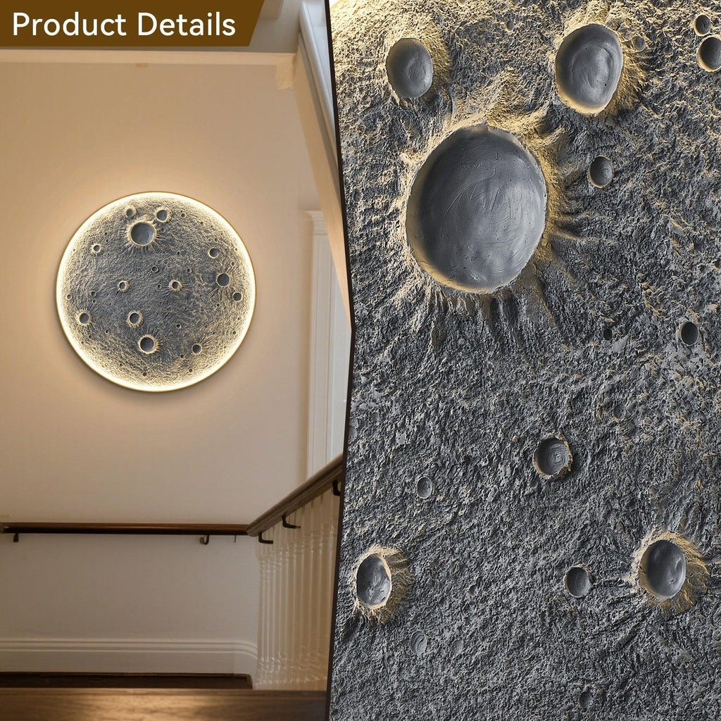 48-Inch Realistic Resin Moon Wall Light – Plug-In Dimmable LED Moon Sconce with Remote Control, 45 W Main & 20 W Night Light, Meteorite Crater Texture, 1.75″ Thick Wall-Mounted Décor for Home & Commer.