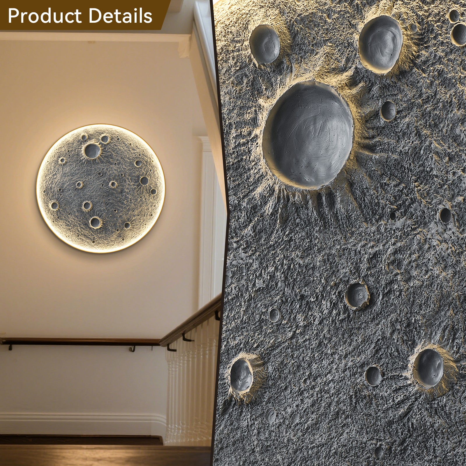 Close-up of 48-Inch LED Moon Wall Light with Remote Control showing crater texture and wall-mounted setup in a hallway for home decor.