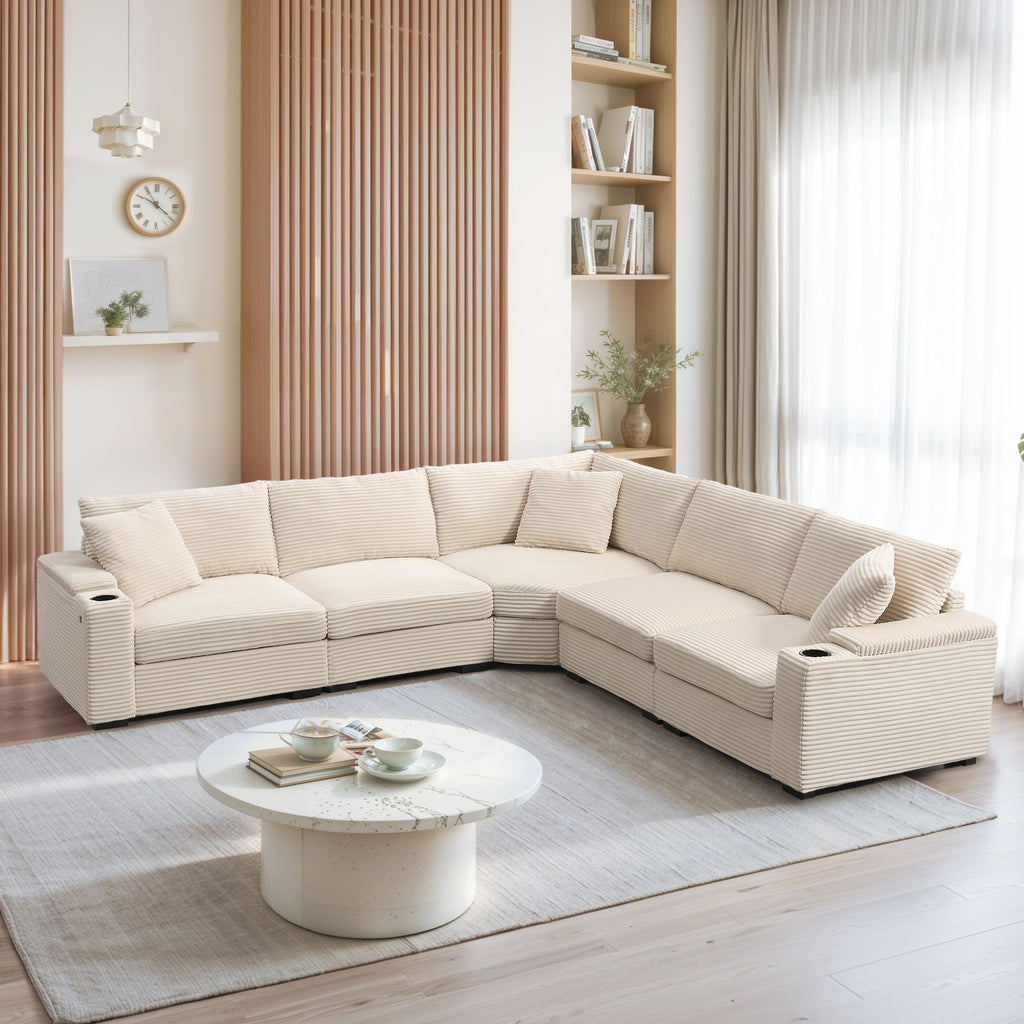104-Inch Beige Corduroy L-Shaped Sectional Sofa with Storage