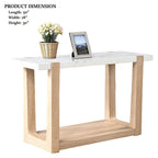 Contemporary sofa table with faux marble top and natural wood base, shown with product dimensions: 50in L x 18in W x 30in H.