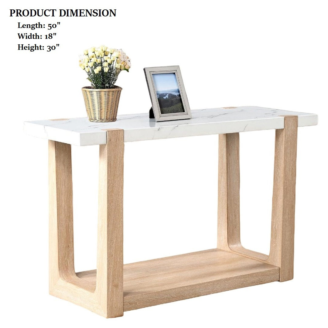 Contemporary sofa table with faux marble top and natural wood base, shown with product dimensions: 50in L x 18in W x 30in H.