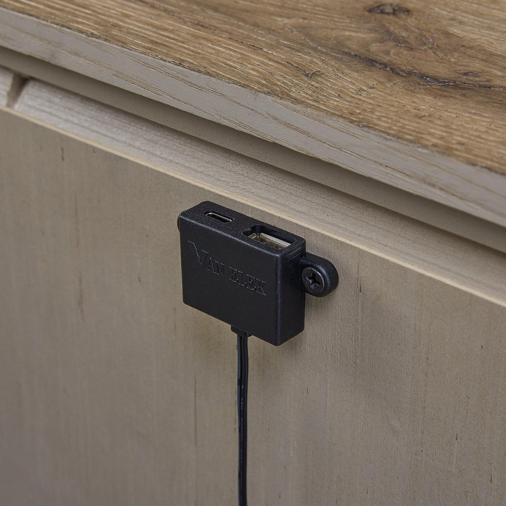 Left Nightstand Oak with USB Charging and Storage.