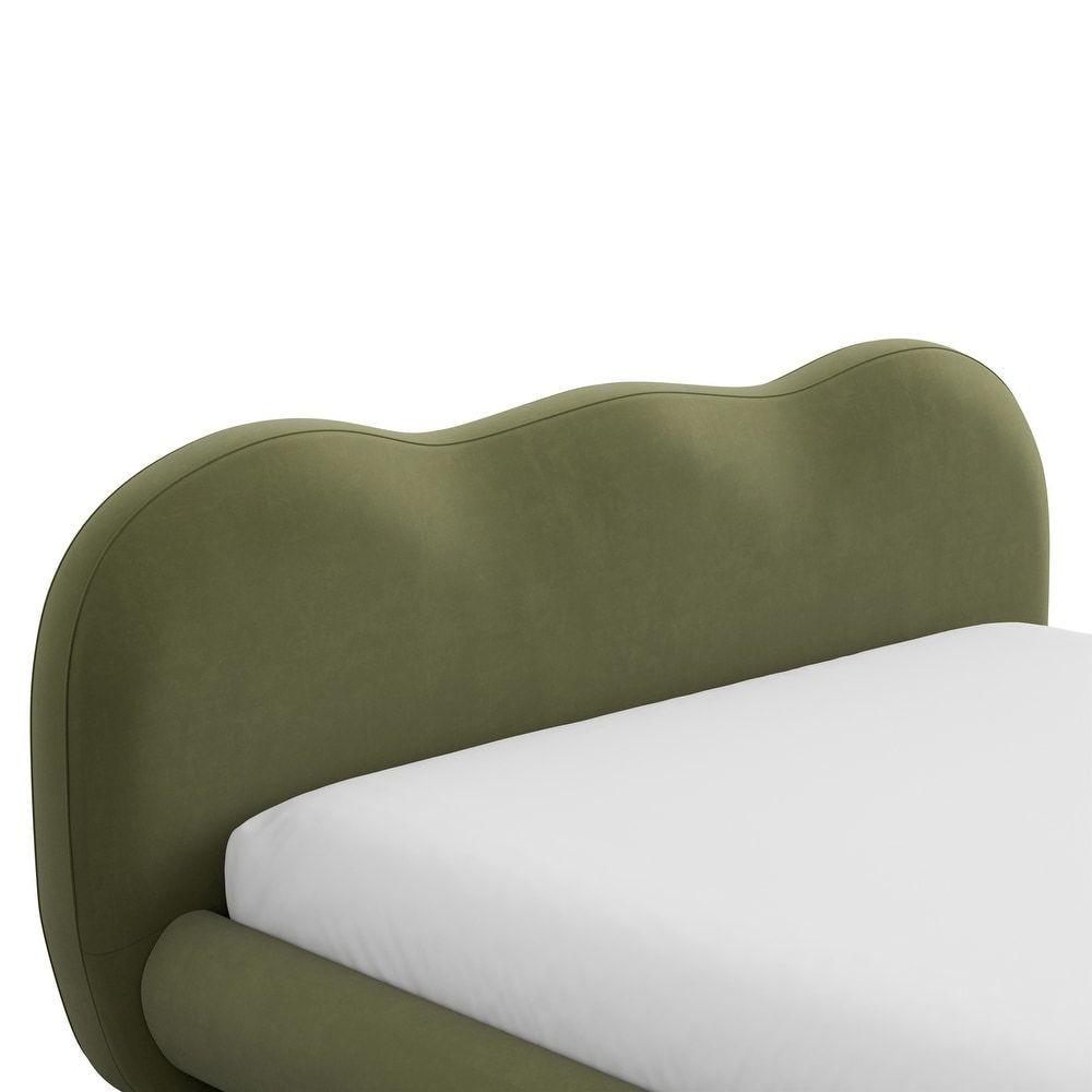 Olive Green Queen Size Bed with Boucle Upholstery.