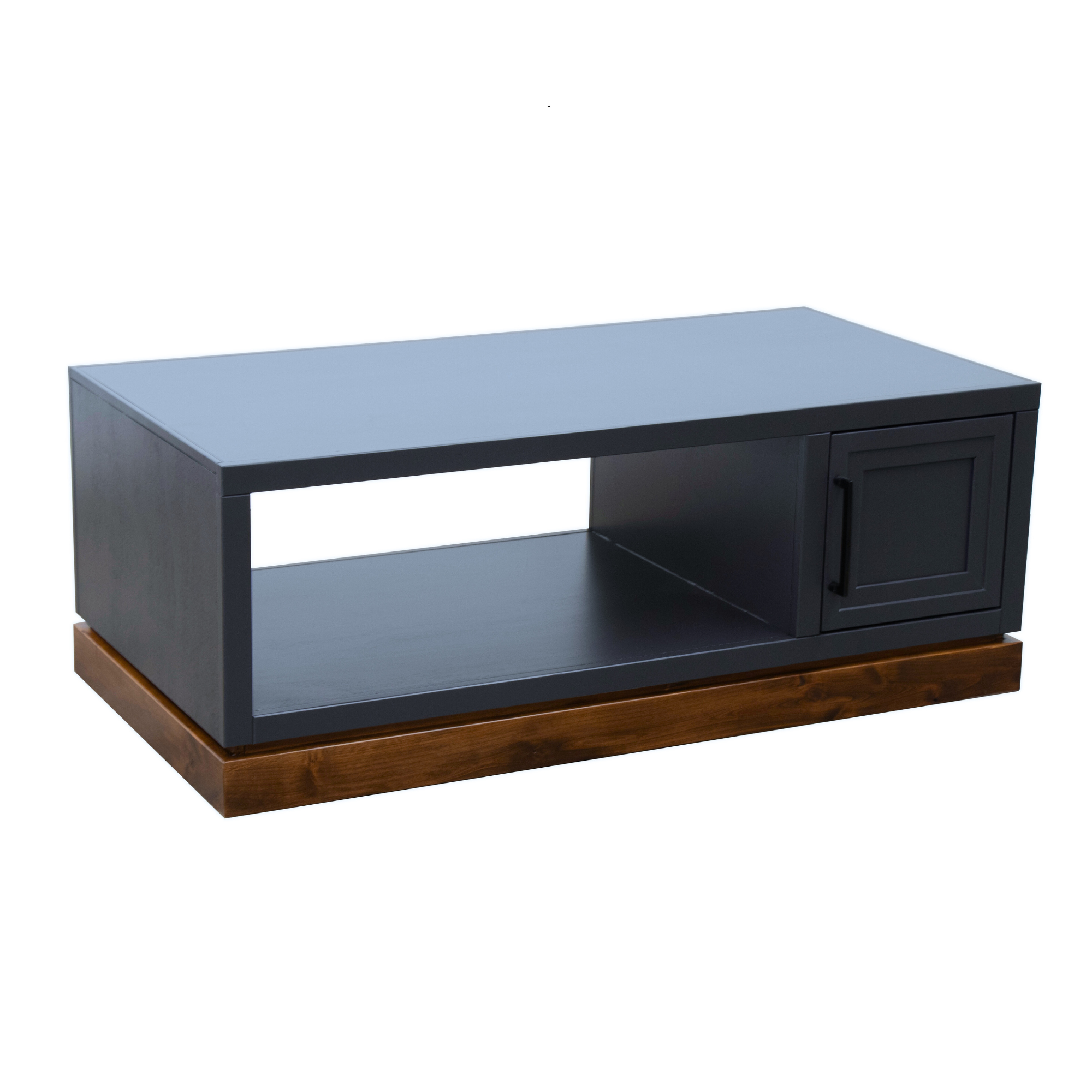Angled view of Nora Coffee Table 48 inch showing Blue Denim body and Whiskey wood base. Features storage door and open shelf for convenience.