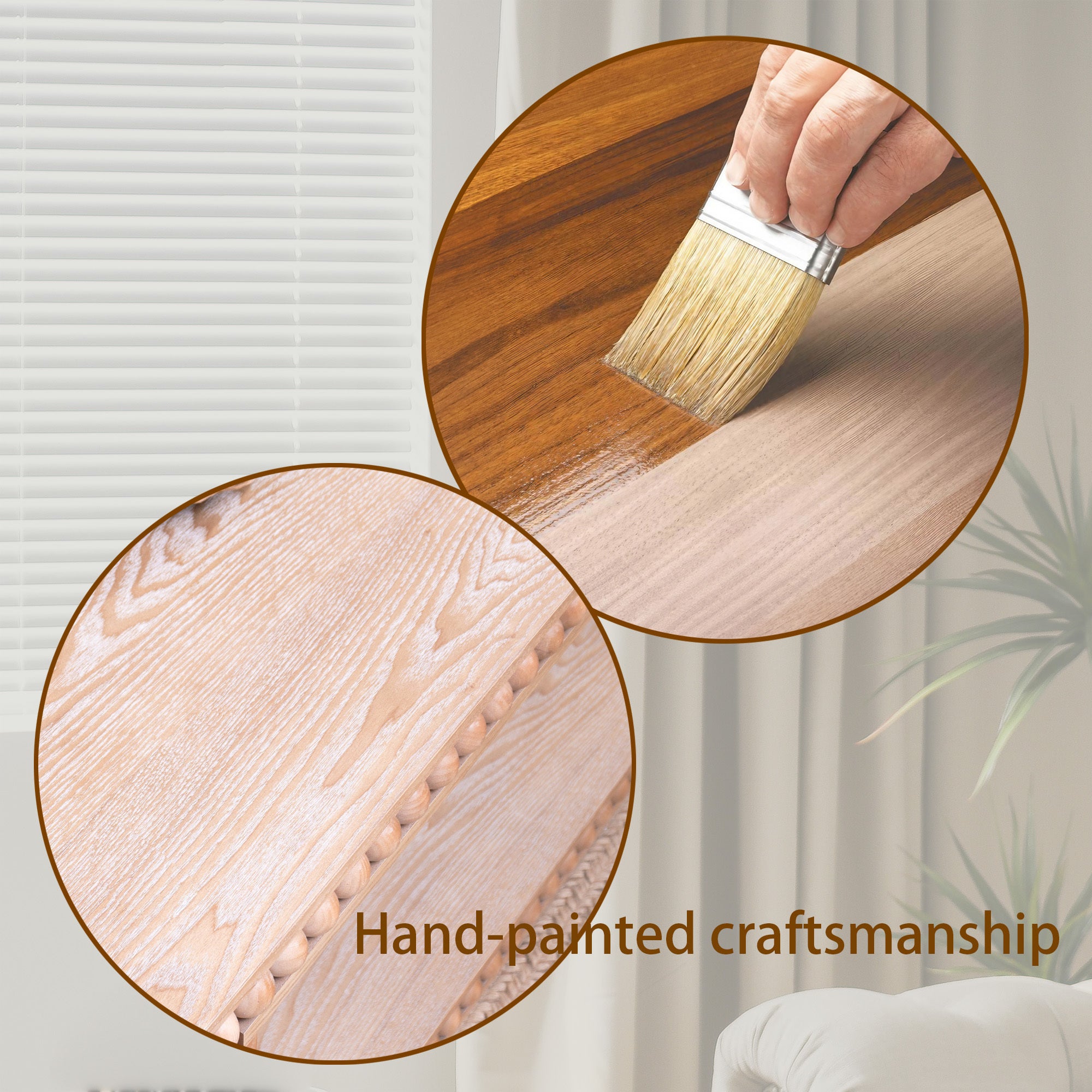 Illustration of hand-painted craftsmanship on the Rustic Coffee Table, emphasizing artisanal wood finishing techniques.