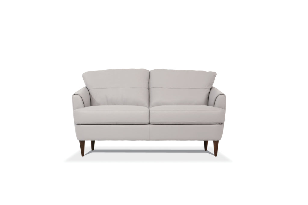 Helena Pearl Gray Leather Loveseat with Dark Walnut Legs