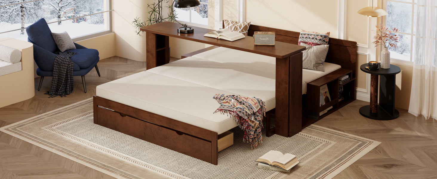 Queen Multifunctional Daybed in bed mode with desk extended behind headboard, offering a seamless sleep and work solution.