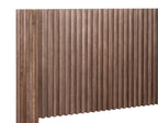 Close-up of walnut finish slatted headboard from Queen Size Platform Bed, highlighting vertical wood grain texture and craftsmanship.