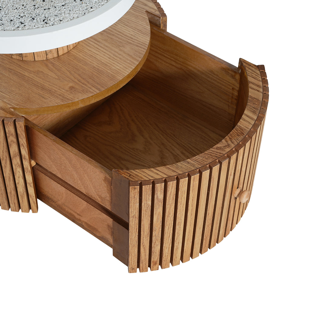 Close-up of the open curved drawer in the wood-grain base of the Unique Four-Leaf Clover Side Table, showing ample storage space.
