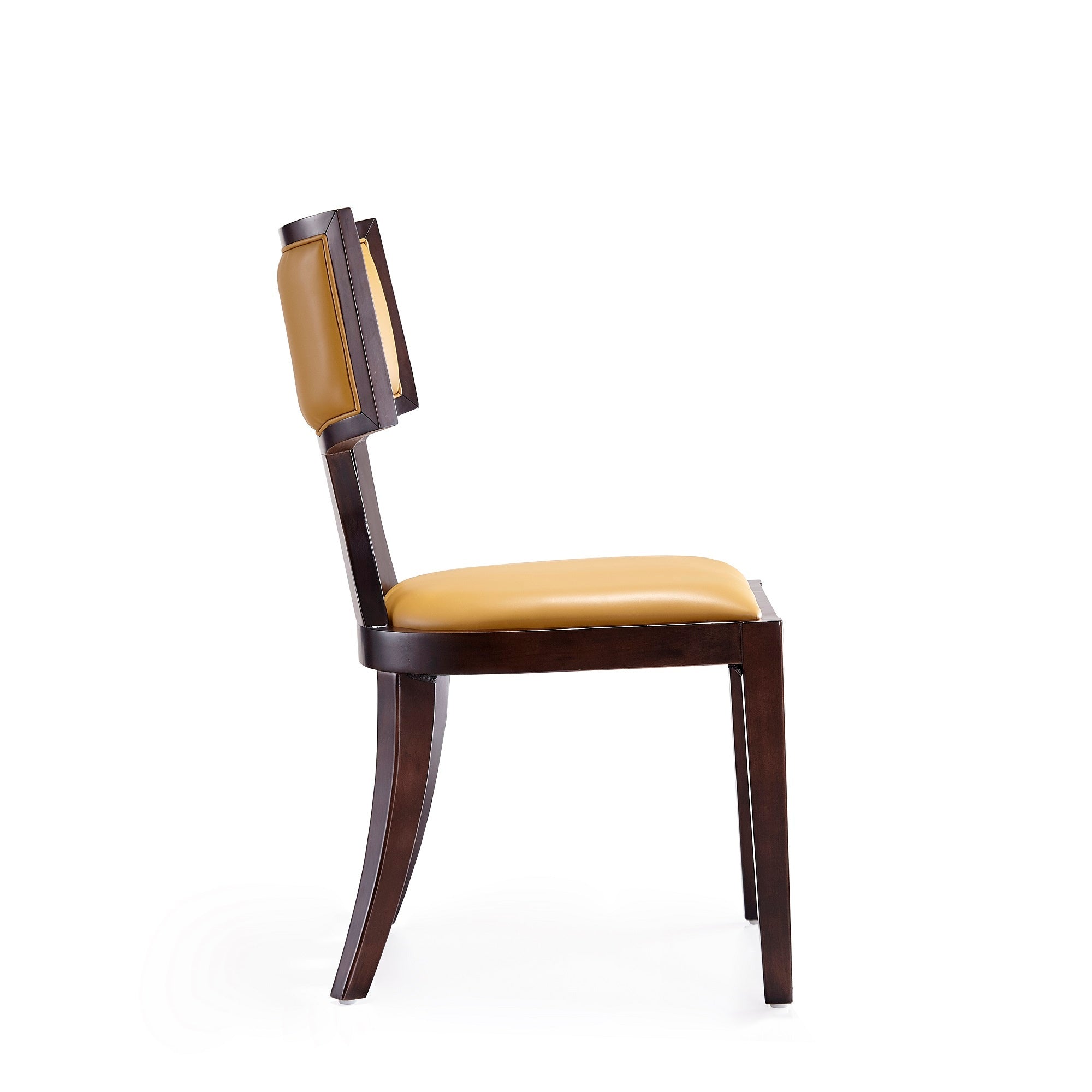 Side profile of camel wood dining chair with solid beech legs and camel faux leather seat, highlighting ergonomic backrest curve.