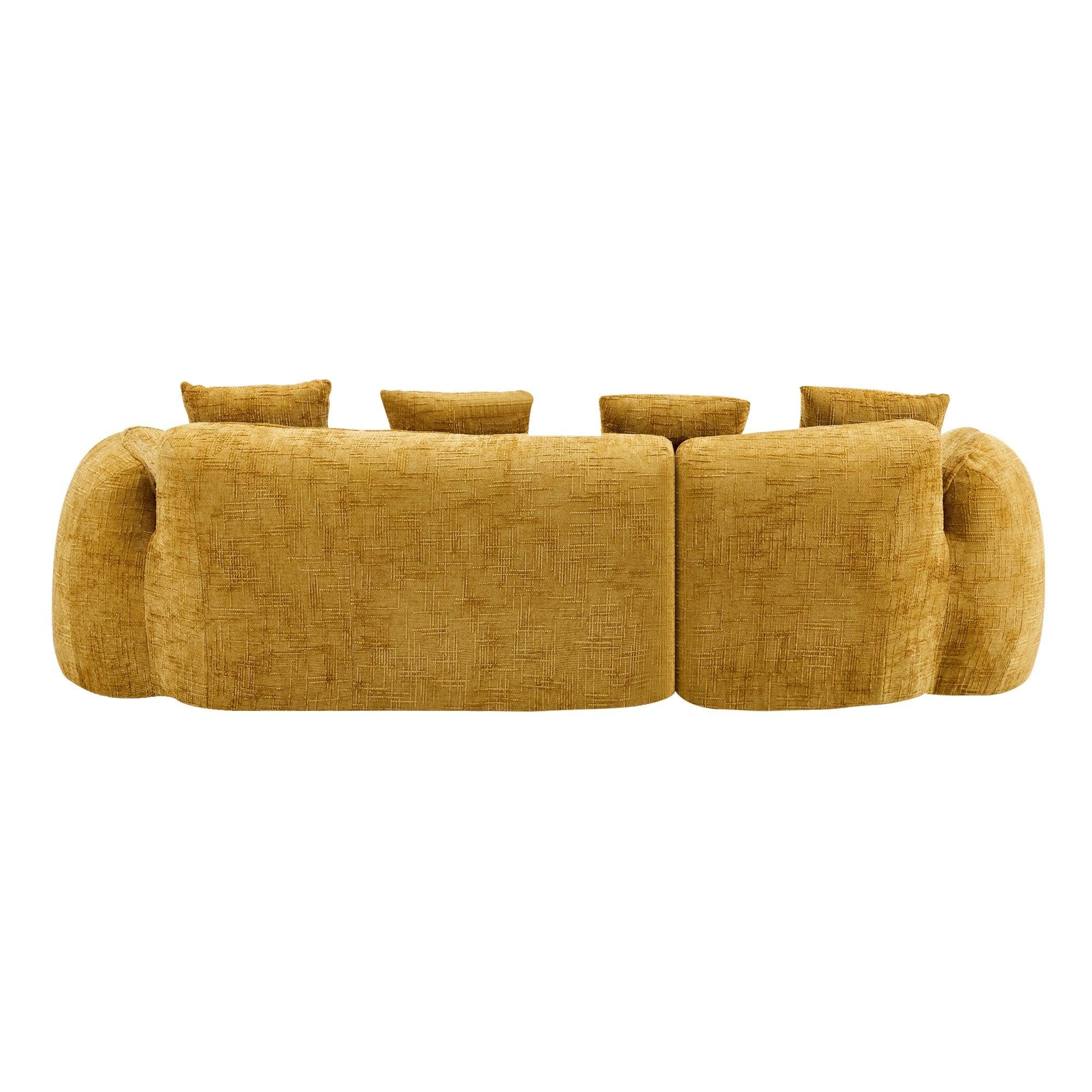 Back view of yellow chenille L-shaped sofa with five cushions, showcasing its full structure and soft, modern design.