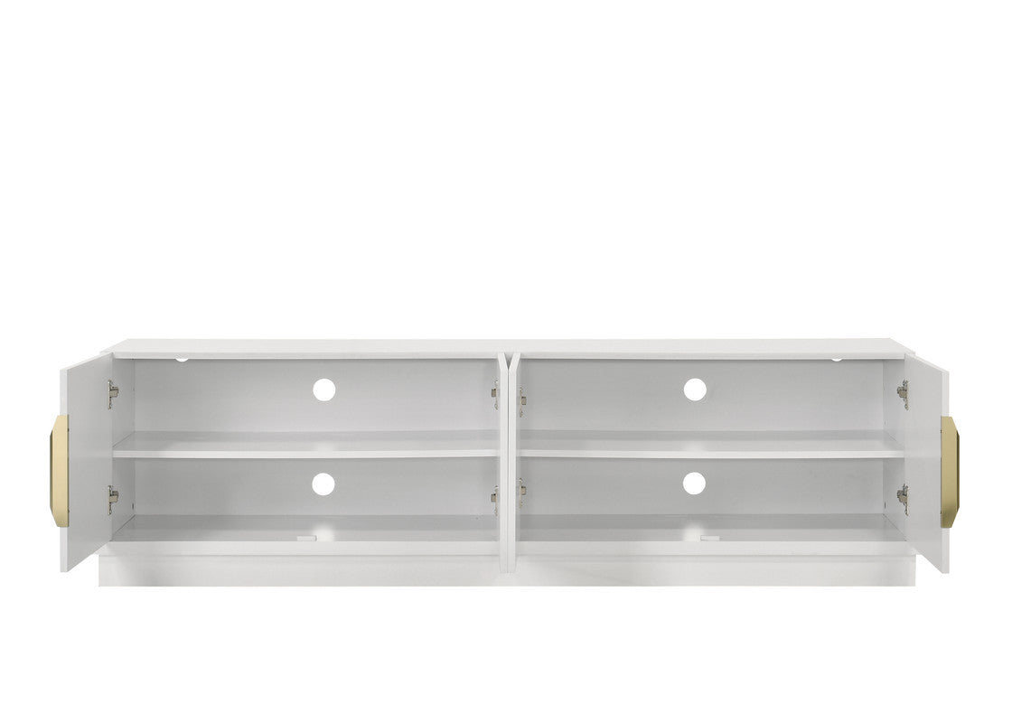Interior of Palmer TV Stand 70 inches - White, showing adjustable shelves and cable management holes behind 4 cabinet doors.