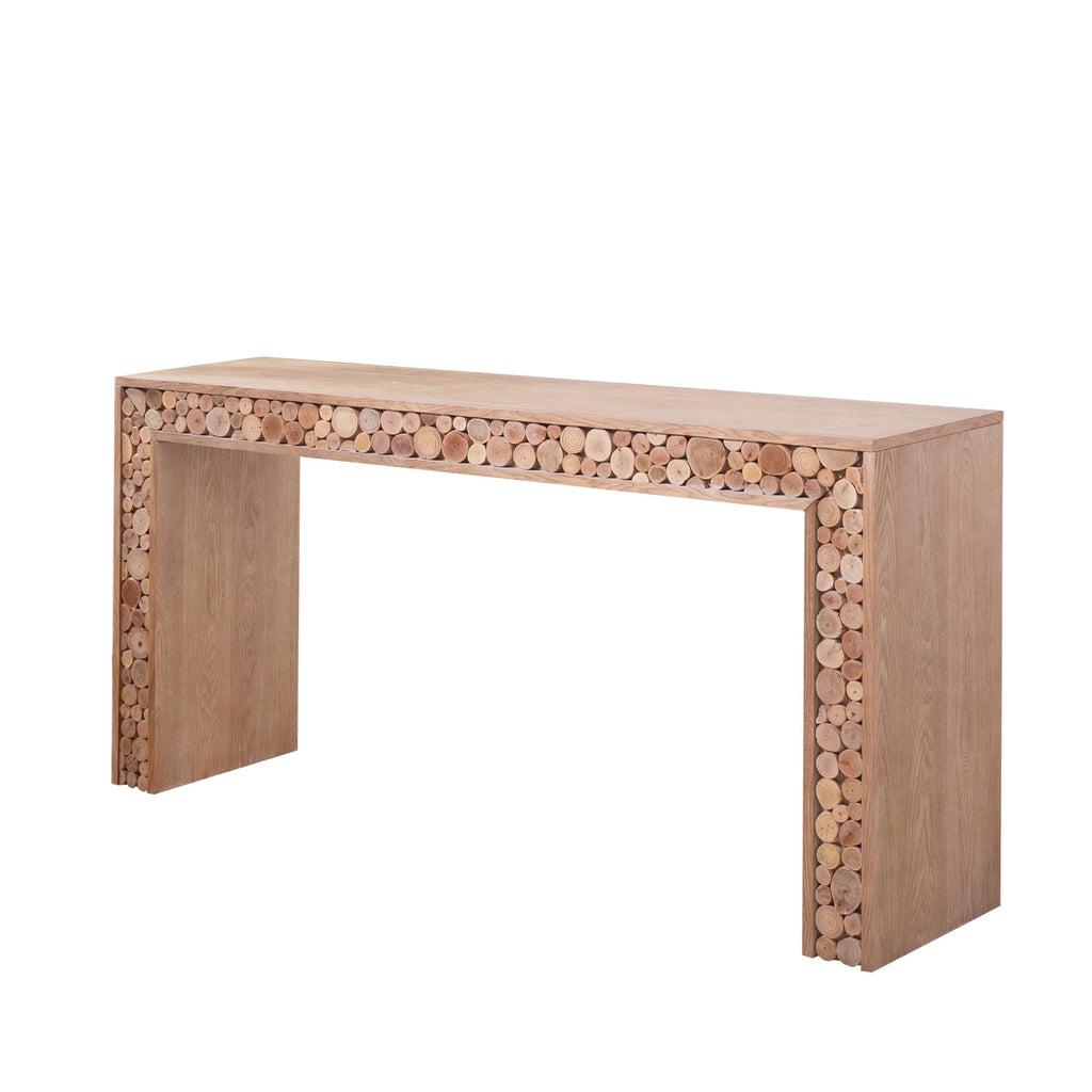 Angled view of 62-inch narrow console table with log accents, ideal for hallways, entryways, or behind sofas in farmhouse-style homes.