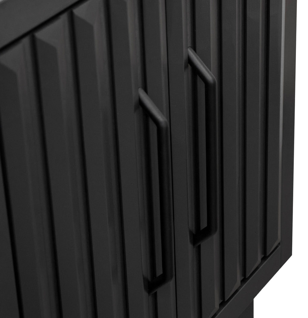 Close-up of the fluted cabinet doors and matte black handles on the Radiance Black 78 inch Bookcase Pier.