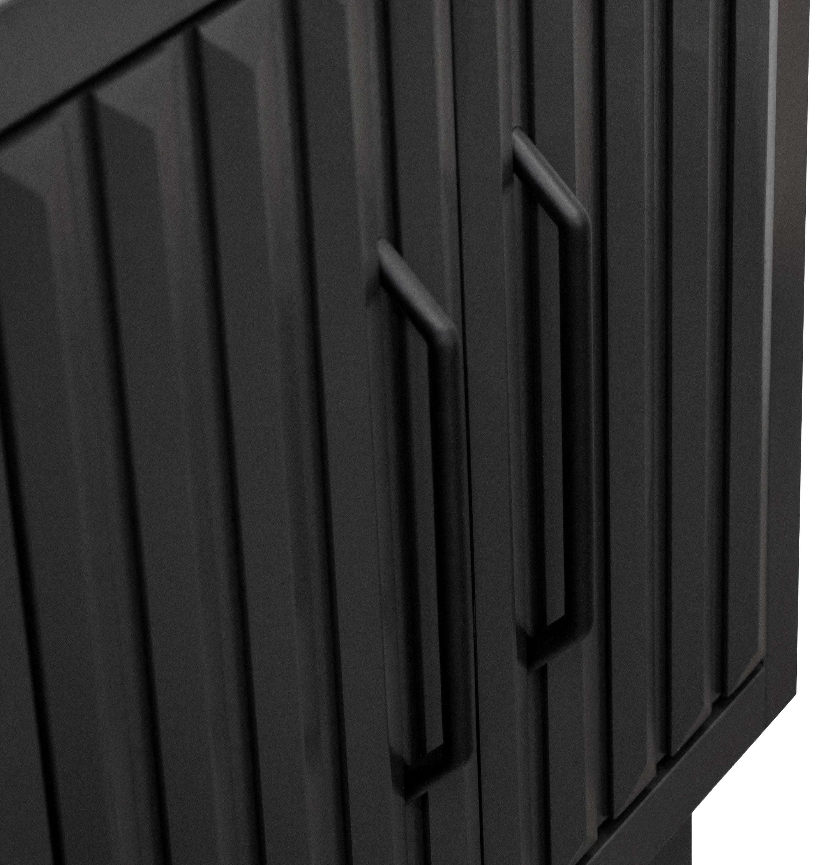 Close-up of the fluted cabinet doors and matte black handles on the Radiance Black 78 inch Bookcase Pier.